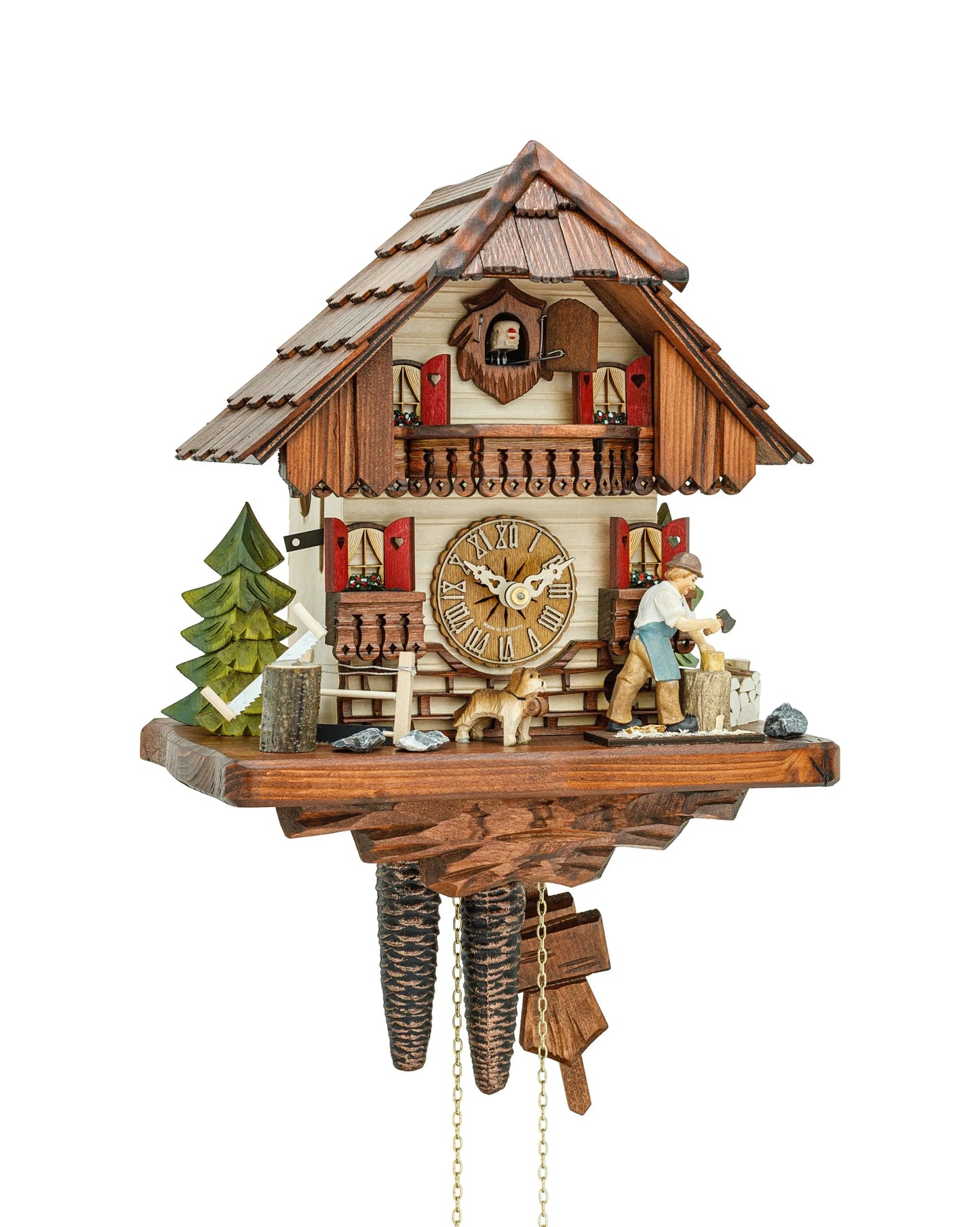 Cuckoo clock with 1-day movement, Black Forest house with moving woodcutter 1694