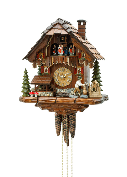 Cuckoo Clock Black Forest House with moving woodcutter, mill wheel & dancer 3714
