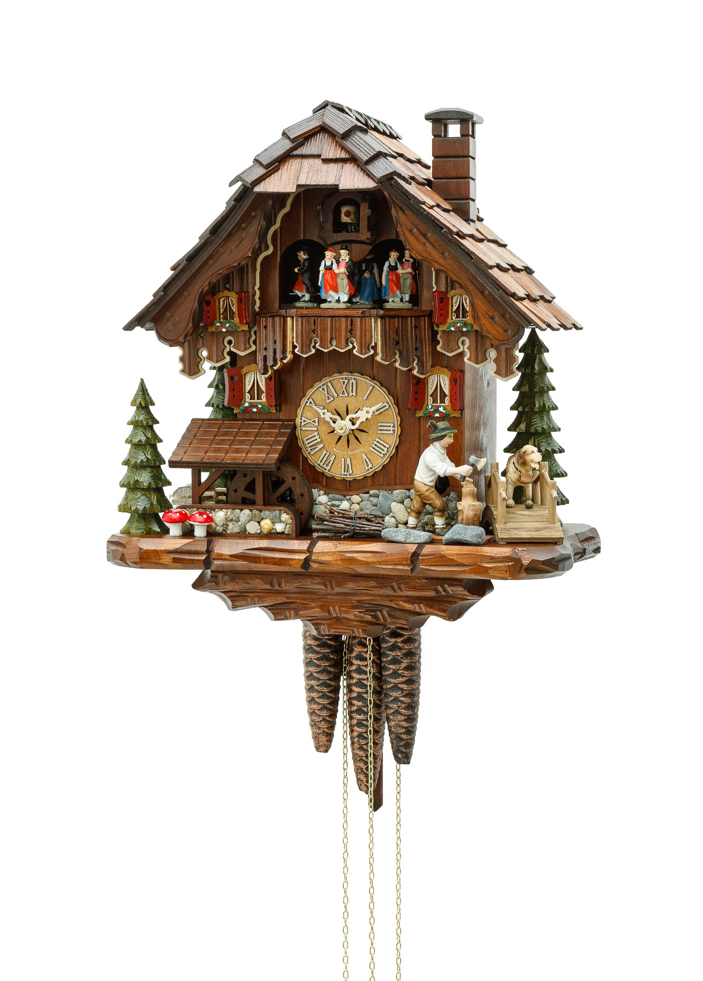 Cuckoo Clock Black Forest House with moving woodcutter, mill wheel & dancer 3714