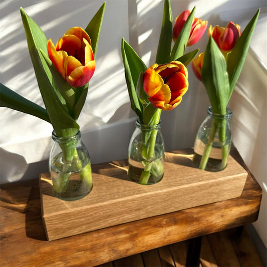 Table vase with wooden stand made of oak